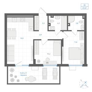 2-к квартира, вторичка, 62м2, 1/18 этаж