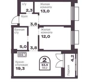 2-к квартира, вторичка, 59м2, 5/8 этаж