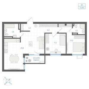 3-к квартира, вторичка, 73м2, 4/9 этаж