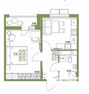1-к квартира, строящийся дом, 38м2, 3/12 этаж