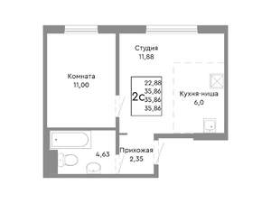 2-к квартира, строящийся дом, 36м2, 1/10 этаж