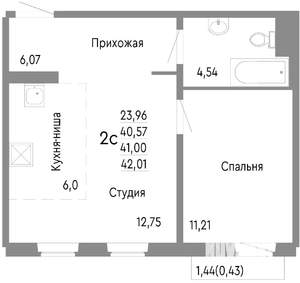 2-к квартира, строящийся дом, 41м2, 6/10 этаж