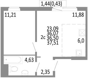 2-к квартира, строящийся дом, 37м2, 5/10 этаж
