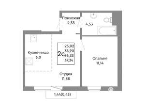 2-к квартира, строящийся дом, 36м2, 9/10 этаж
