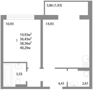 1-к квартира, строящийся дом, 38м2, 16/17 этаж