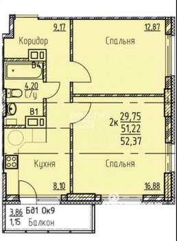 2-к квартира, вторичка, 53м2, 25/25 этаж