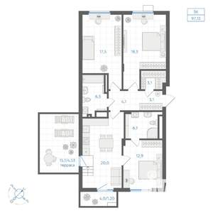 3-к квартира, вторичка, 97м2, 10/18 этаж