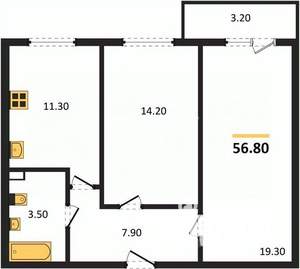 2-к квартира, строящийся дом, 57м2, 16/25 этаж
