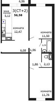 3-к квартира, вторичка, 57м2, 5/18 этаж