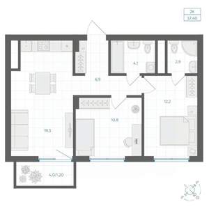 2-к квартира, вторичка, 57м2, 17/18 этаж