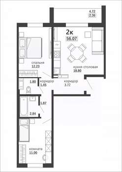 2-к квартира, вторичка, 56м2, 2/10 этаж