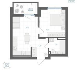 1-к квартира, вторичка, 37м2, 7/18 этаж