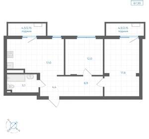 2-к квартира, вторичка, 67м2, 4/18 этаж