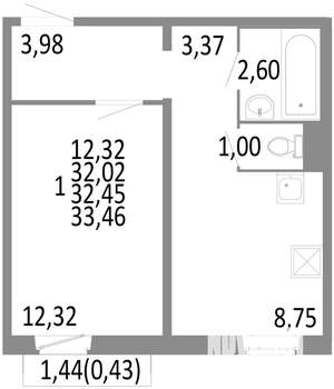 1-к квартира, строящийся дом, 32м2, 4/10 этаж