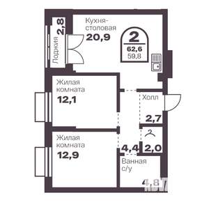 2-к квартира, вторичка, 60м2, 6/24 этаж
