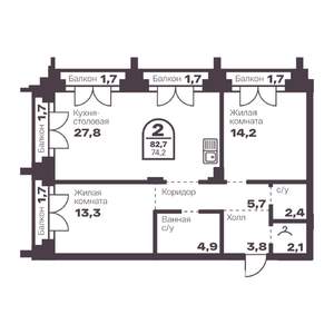 2-к квартира, вторичка, 74м2, 8/24 этаж