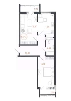 2-к квартира, вторичка, 63м2, 12/16 этаж