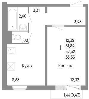 1-к квартира, строящийся дом, 32м2, 9/10 этаж