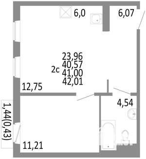 2-к квартира, строящийся дом, 41м2, 6/10 этаж