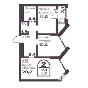 2-к квартира, вторичка, 60м2, 20/24 этаж