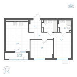 2-к квартира, вторичка, 54м2, 5/9 этаж