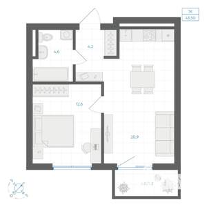 1-к квартира, вторичка, 44м2, 5/9 этаж