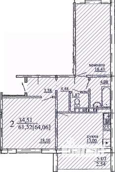2-к квартира, строящийся дом, 64м2, 10/10 этаж