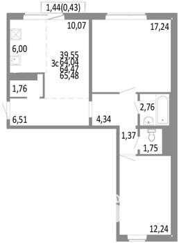 3-к квартира, строящийся дом, 64м2, 6/10 этаж