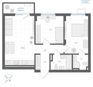 2-к квартира, вторичка, 61м2, 9/18 этаж