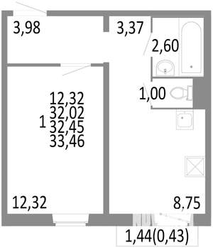 1-к квартира, строящийся дом, 32м2, 3/10 этаж