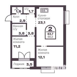 2-к квартира, вторичка, 60м2, 5/24 этаж