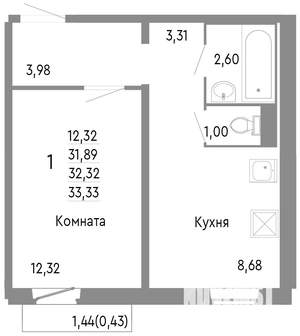 1-к квартира, строящийся дом, 32м2, 10/10 этаж