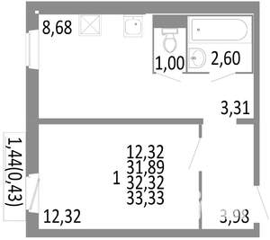 1-к квартира, строящийся дом, 32м2, 3/10 этаж