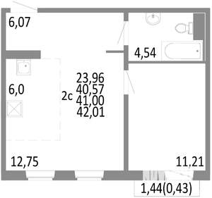 2-к квартира, строящийся дом, 41м2, 6/10 этаж