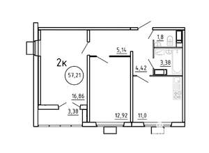 2-к квартира, вторичка, 57м2, 6/16 этаж