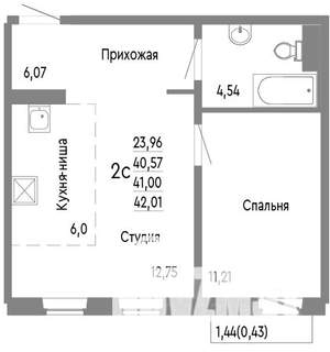 2-к квартира, строящийся дом, 41м2, 4/10 этаж