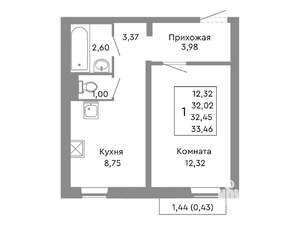 1-к квартира, строящийся дом, 32м2, 7/10 этаж