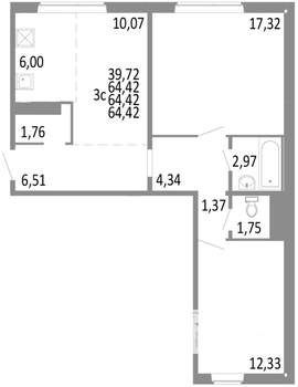 3-к квартира, строящийся дом, 64м2, 2/10 этаж