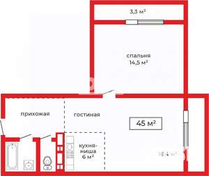 1-к квартира, вторичка, 48м2, 16/18 этаж
