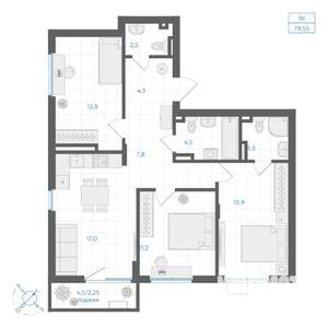 3-к квартира, вторичка, 80м2, 4/8 этаж