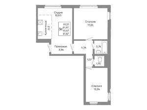 3-к квартира, строящийся дом, 62м2, 2/10 этаж