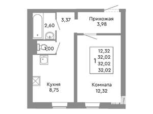 1-к квартира, строящийся дом, 32м2, 2/10 этаж