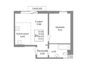 2-к квартира, строящийся дом, 36м2, 8/10 этаж
