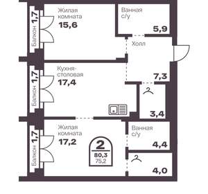 2-к квартира, вторичка, 75м2, 9/8 этаж