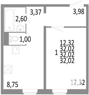 1-к квартира, строящийся дом, 32м2, 2/10 этаж