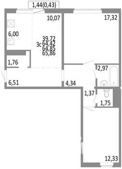 3-к квартира, строящийся дом, 65м2, 10/10 этаж