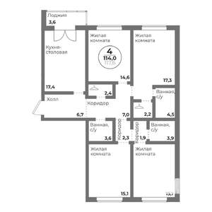 4-к квартира, строящийся дом, 114м2, 8/15 этаж