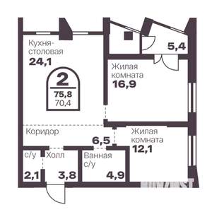 2-к квартира, вторичка, 70м2, 2/24 этаж