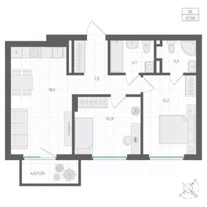 2-к квартира, вторичка, 58м2, 4/18 этаж