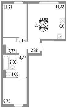 2-к квартира, строящийся дом, 52м2, 1/10 этаж